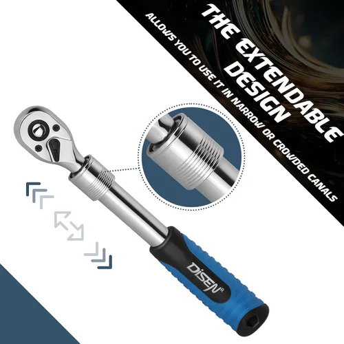 Miniatura 4 de DISEN Juego de 3 Llaves de Trinquete Extensibles, Impulso de 1/4" 3/8" 1/2", 72 Dientes, Liberación Rápida, Llaves de Vaso con Impulso Reversible