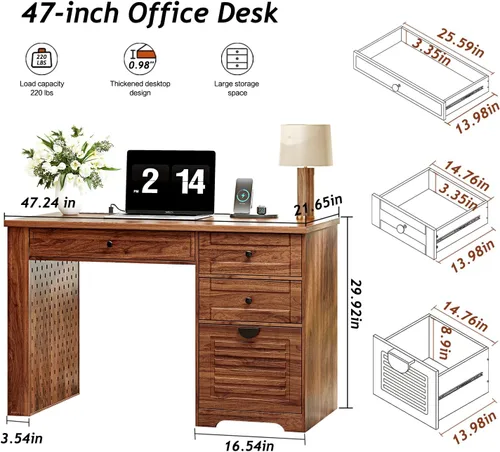 Miniatura 2 de Ieejdn 47" Home Office Desks, Executive Desk, Farmhouse Computer Desk with Drawers and Charging Station, File Drawer, Storage Cabinet, Rustic