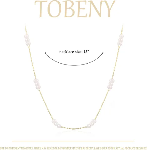 Miniatura 5 de TOBENY Collar de perlas para mujer, chapado en oro de 14 quilates, hecho a mano, gargantilla de perlas blancas, delicada, pequeña, pequeña, cadena
