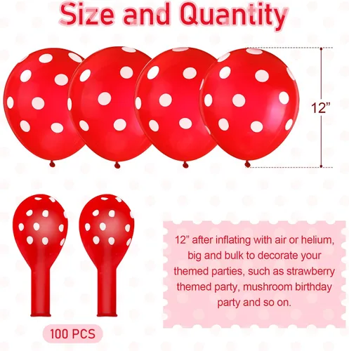 Miniatura 2 de Sumind 100 globos de látex de lunares negros y rojos, decoraciones de mariquita y fresa para decoración de fiestas, cumpleaños, suministros de boda