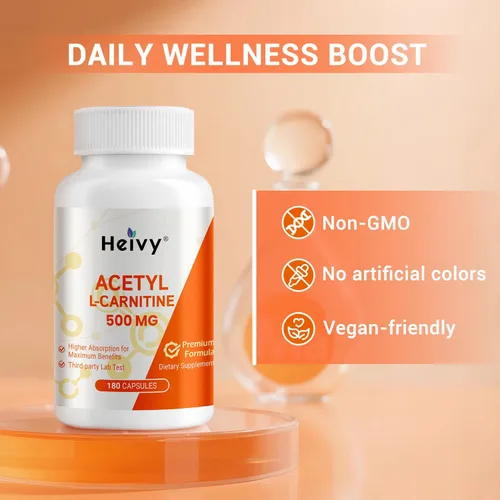 Miniatura 3 de Heivy Pure Acetil L-Carnitina 500mg 180 cápsulas, 180 porciones, vegano, sin OMG, probado por terceros, fabricado en instalaciones GMP de EE. UU.