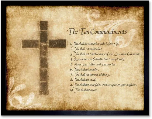 Wee Blue Coo Póster enmarcado con texto en inglés "Ten 10 Mandments Cross Christian Religious Quote Typography", decoración de pared, 12 x 16