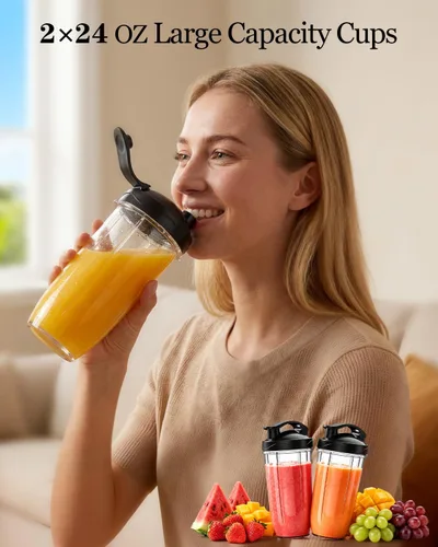 Miniatura 4 de Licuadora personal para batidos y batidos, licuadora compacta portátil de cocina con 2 tazas para llevar de 24 onzas, taza de molienda de 10 onzas
