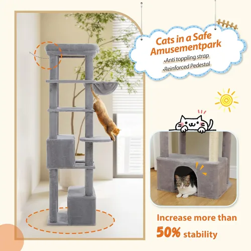 Miniatura 5 de PEQULTI Árbol para gatos de interior de 66 pulgadas, torre grande para gatos con poste rascador cubierto de sisal, hamaca de metal súper grande