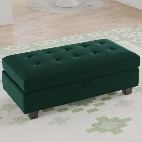 Miniatura 11 de Belffin Banco otomano rectangular de gran tamaño con almacenamiento, reposapiés tapizado de terciopelo para sala de estar y dormitorio (negro)
