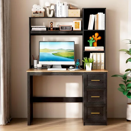 Miniatura 7 de LVSOMT Escritorio de Oficina en Casa de 40" con Estante Superior y Cajones, Escritorio para Computadora con Tomas de Corriente y Luz LED, Mesa