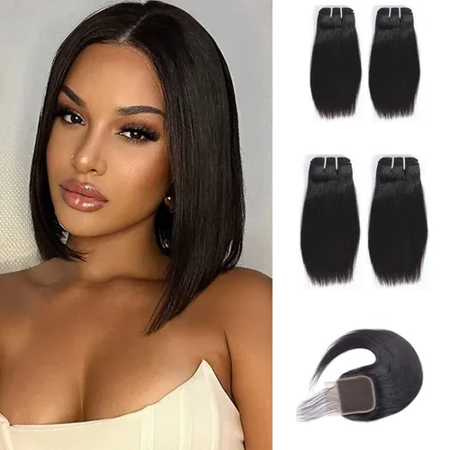 Miniatura 26 de Paquetes de cabello humano corto de 8 pulgadas 10A, pelo brasileño lacio virgen 100% cabello humano liso sin procesar, 4 paquetes 50g/Und