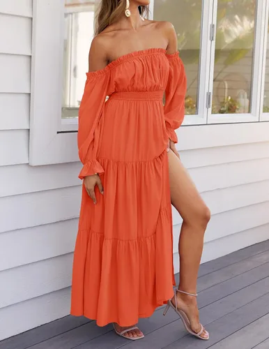 Miniatura 23 de ZESICA - Vestido largo, bohemio y sexy, con hombros descubiertos y manga larga fruncida, con elástico fruncido, cintura alta y abertura lateral