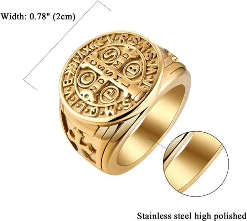 Miniatura 5 de Anillo de exorcismo de San Benito para hombre, acero inoxidable, cruz católica, oro y cazador de fantasmas, talla 8-13, con caja de regalo