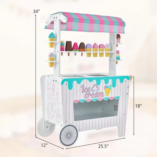 Miniatura 6 de Costzon Juego de Carrito de Helados, Tienda de Comestibles de Madera con Estante de Exhibición y Repisas, Compartimento Congelador, 2 Ruedas