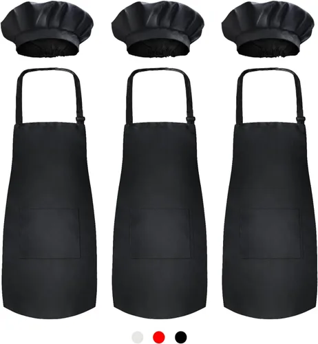 Novelty Place Juego de 3 delantales para niños con gorro de chef (3 juegos) – Babero infantil agradable a la piel con bolsillo – Cocina, hornear,