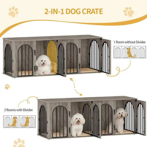 Miniatura 4 de Hzuaneri Mueble jaula para perros de 63" para 2 perros, soporte de TV para perrera de interior resistente, jaula de madera L con divisor para perros