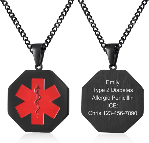 Miniatura 60 de VNOX Collar con colgante personalizado de acero inoxidable con grabado personalizado para identificación de alerta médica de emergencia para hombres