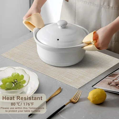 Miniatura 5 de Juego de 4 manteles individuales de vinilo de plástico tejido beige y amarillo para decoración de mesa de comedor, resistentes al calor