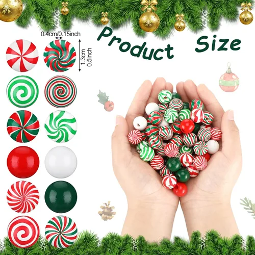 Miniatura 2 de 180 cuentas de madera de Navidad, cuentas de madera de bastón de caramelo, cuentas de madera de remolino para manualidades, cuentas de caramelo