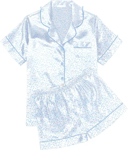 Miniatura 29 de Ekouaer Conjunto de pijama de satén de seda para mujer, suave, de manga corta, con botones, ropa para dormir, camiseta y pantalones cortos, juego