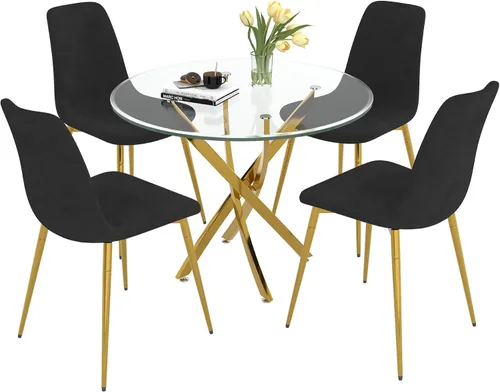 Miniatura 5 de Juego de mesa de comedor de cristal para 4, juego de mesa de cocina redonda dorada de 5 piezas con 4 sillas tapizadas negras, mesa de comedor