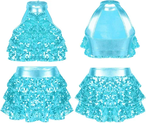 Miniatura 37 de JEATHA Top corto con borlas y lentejuelas brillantes para niñas, con minifalda, jazz latino, salsa, samba, rumba, baile