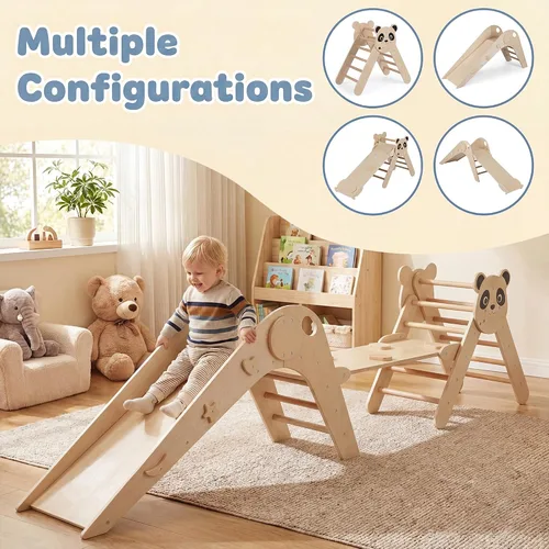 Miniatura 3 de GLACER Pikler - Juego de triángulos Montessori con temática de panda, juguetes de escalada para niños pequeños con escalera, túnel, tobogán, rampa