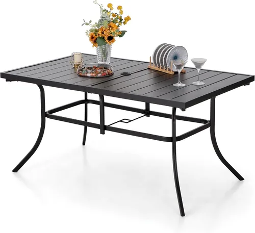 PHI VILLA Mesa rectangular de comedor con listones de acero metálico para 6 personas con agujero ajustable para paraguas, resistente a la intemperie