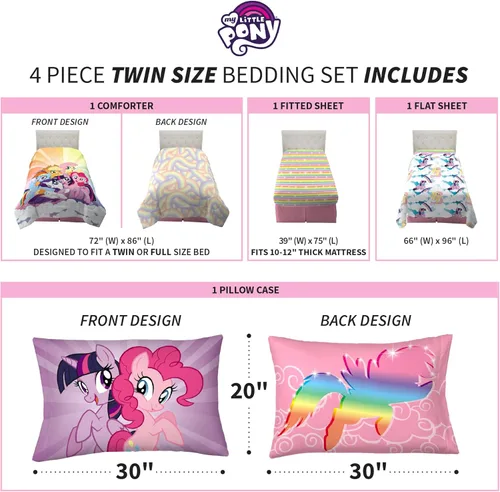 Miniatura 4 de Franco Juego de sábanas y edredón de microfibra súper suave para niños, 4 piezas, tamaño individual, unicornio My Little Pony Mi pequeño poni