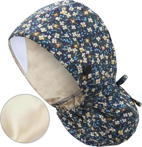 Miniatura 42 de QBA Gorra de trabajo ajustable con botón, gorro forrado de satén, gorro de trabajo de algodón, banda elástica para atar en la espalda, unisex Pt