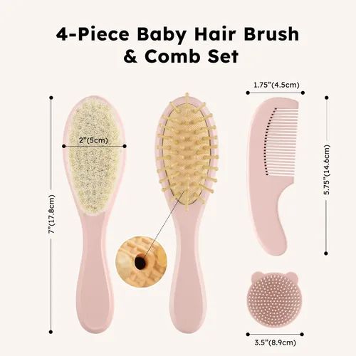 Miniatura 7 de Yoofoss Juego de 4 cepillos y peine para el pelo del bebé, cepillo de madera para el pelo del bebé con pelo de cabra ultra suave natural, juego