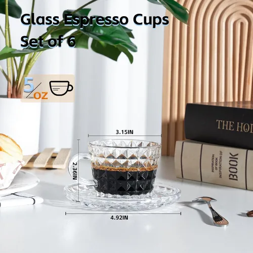Miniatura 2 de Juego de 6 tazas de cristal para café espresso con platillos y cucharas de acero inoxidable, aptas para lavavajillas, para té, chocolate caliente