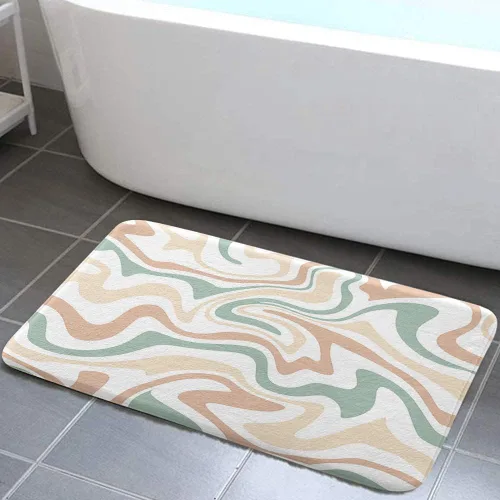 Miniatura 5 de Alfombras de baño estéticas abstractas de los años 70 con diseño de remolino ondulado, bonito tapete de baño rosa y beige, estético, retro