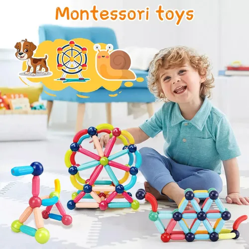 Miniatura 3 de 64 piezas bloques de construcción magnéticos, juguetes magnéticos Montessori para niños pequeños, juguetes de aprendizaje STEM para niños y niñas