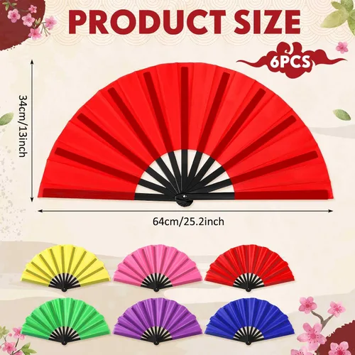 Miniatura 2 de Leinuosen 6 abanicos plegables chinos grandes para baile de línea, abanicos de mano plegables de 13 pulgadas para botas rave popping clacking