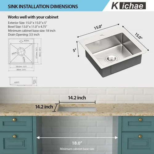 Miniatura 5 de Kichae Fregadero de 15 pulgadas para RV - Fregadero de barra de 15 x 15 x 5, fregadero de cocina pequeño, sobremontado, de montaje superior