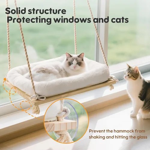 Miniatura 7 de Percha para ventana de gato, hamaca para ventana para gatos con asiento de madera maciza, 4 ventosas resistentes, cojín de felpa, cama