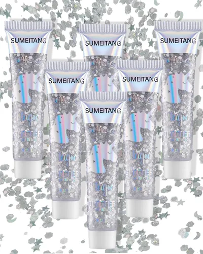 Miniatura 10 de Gel con purpurina para la cara y el cuerpo, 6 colores, con lentejuelas gruesas holográficas, pintura para fiestas, cantantes, conciertos, festivales