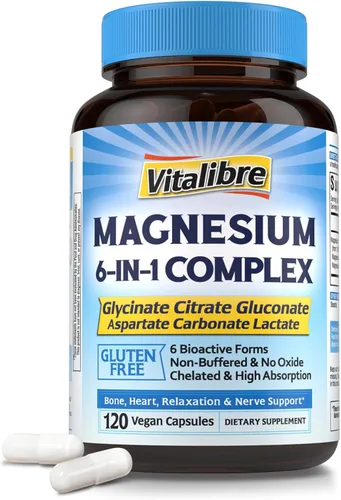 Vitalibre Complejo de magnesio 6 en 1 para mujeres y hombres, 260 mg de magnesio elemental | Máxima absorción | Suplemento de magnesio quelado para