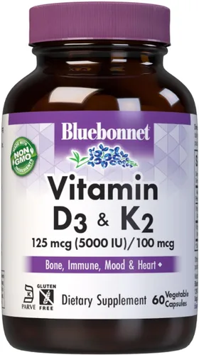 Bluebonnet Nutrition Vitamina D3 y K2, sin soja, para huesos fuertes y saludables*, sin gluten, sin OMG, sin lácteos, certificado Kosher,