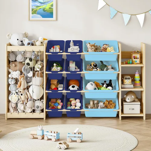 EXPERLAM Organizador de almacenamiento de juguetes 3 en 1, soporte para animales de peluche y estantería de 3 niveles, organizador de juguetes de