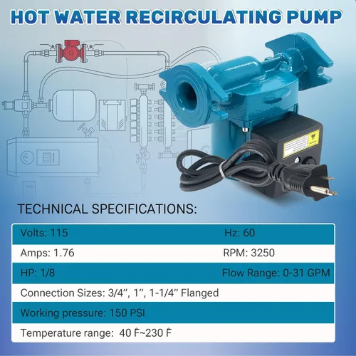 Miniatura 3 de 0011-F4 Hot Water Circulator Pump 1/8 HP 115V, 0–31 GPM Cast Iron Circulating Pump, Compatible with Ta-co 0011-BF4-J, Flanged Hydronic Heating Pumps