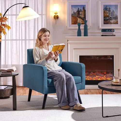 Miniatura 5 de Yaheetech Sillas de acento de mediados del siglo, silla moderna tapizada para sala de estar, sillón acogedor con respaldo abotonado y patas de Azul