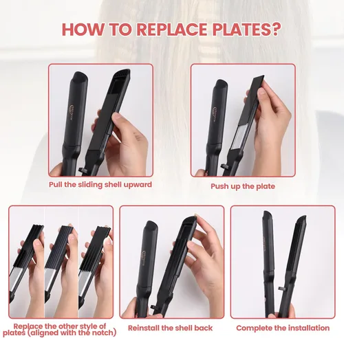 Miniatura 7 de Crimpadora de cabello para mujer, herramienta de cerámica para el cabello con placas de prensado planas 4 en 1, calentamiento rápido de 15 segundos
