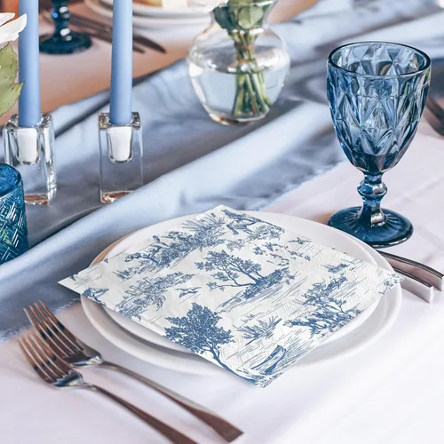 Miniatura 7 de AnyDesign 80 servilletas de papel azul y blanco clásicas con estampado de pueblo francés, servilletas desechables rústicas decorativas para cena
