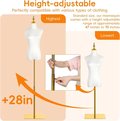 Miniatura 3 de Forma de vestido de torso de maniquí femenino con soporte de metal dorado, modelo de exhibición de ropa de altura ajustable de 47 a 75 pulgadas