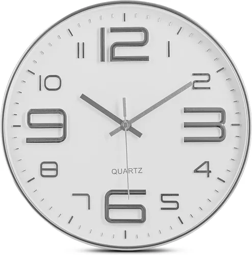 Bernhard Products Reloj de pared plateado de 12 pulgadas, silencioso, sin tictac, de cuarzo, funciona con pilas, redondo, blanco, decorativo, diseño