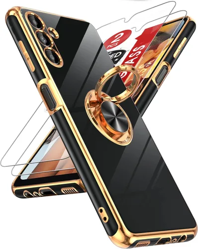 Miniatura 24 de LeYi Funda para Samsung Galaxy S22 Ultra con soporte de anillo giratorio de 360°, soporte magnético, chapado en oro rosa, borde protector para Negro