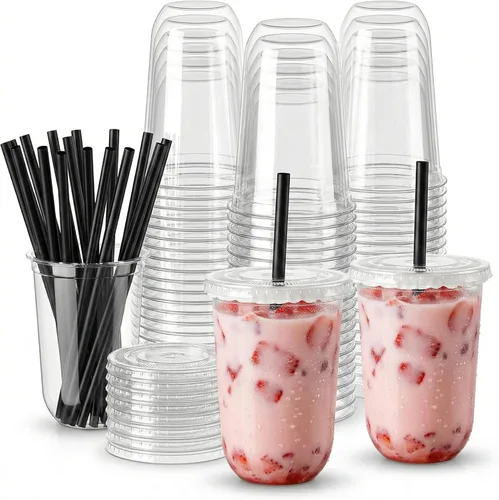 Miniatura 9 de Juego de 100 vasos de plástico desechables transparentes con tapas y pajitas, tazas de café helado de plástico resistentes y seguras para alimentos