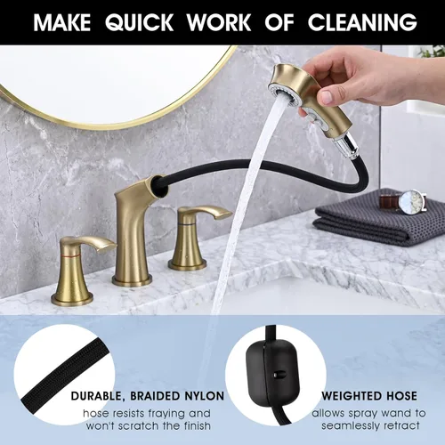 Miniatura 2 de Grifo de baño de 3 agujeros con rociador extraíble, grifo de baño de 8 pulgadas, grifo de tocador de dos manijas con líneas de suministro cUPC