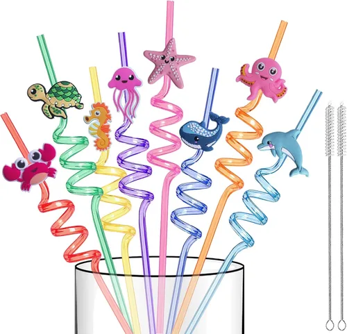 Pajitas reutilizables de animales marinos – 16 pajitas de plástico con forma de criaturas oceánicas para decoraciones de fiestas infantiles - Animal