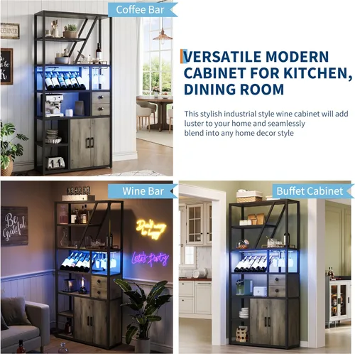 Miniatura 8 de GarveeHome Gabinete de bar de vinos con luces LED, estación alta de barra de café con tomas de corriente y estante de vino, soporte de microondas