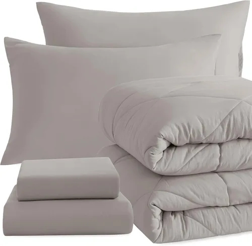 Miniatura 38 de NTBAY Juego de edredón Twin con sábanas, juego de ropa de cama Twin suave y transpirable de 5 piezas, cama Twin en una bolsa, juego de edredón Gris