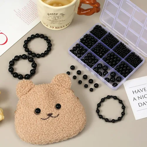 Miniatura 4 de 1200 piezas de cuentas negras, cuentas de acrílico tipo pony, cuentas redondas lisas de 4/6/8/10/12 mm para pulseras, cuentas espaciadoras de perla